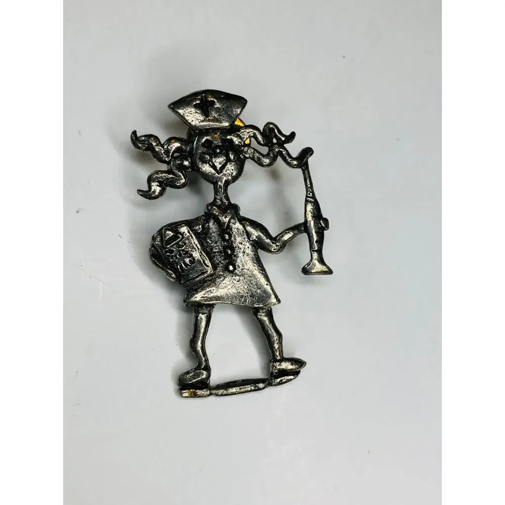 Vintage H Adams Signed Crazy Hair Nurse Lapel Pin Silvertone 2.2